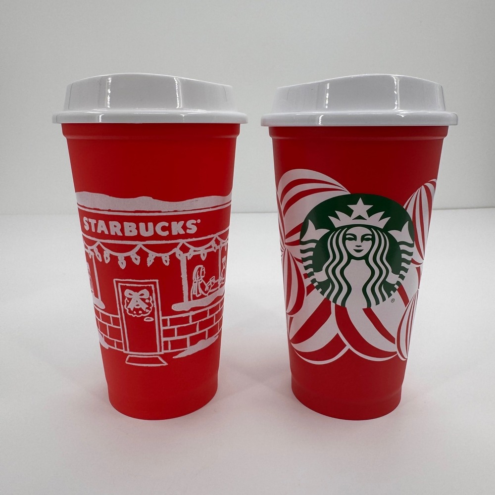 2 Starbucks Red Holiday Cups NEW 2024 2025 Limited Peppermint Cafe Design w/Lids